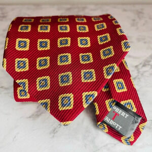 Robert Talbott Silk Necktie Red  Gold Square Print Handsewn